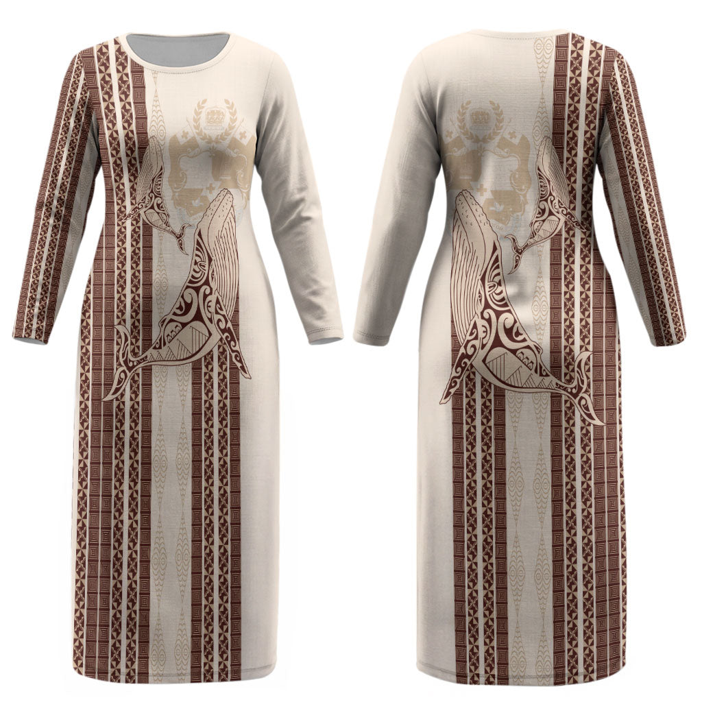 Swimming With Humpback Whales Season Tonga Couples Matching Long Sleeve Bodycon Dress and Hawaiian Shirt Tongan Tofuaa Ngatu Pattern Brown LT14 - Polynesian Pride