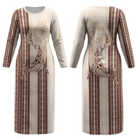 Swimming With Humpback Whales Season Tonga Couples Matching Long Sleeve Bodycon Dress and Hawaiian Shirt Tongan Tofuaa Ngatu Pattern Brown LT14 - Polynesian Pride