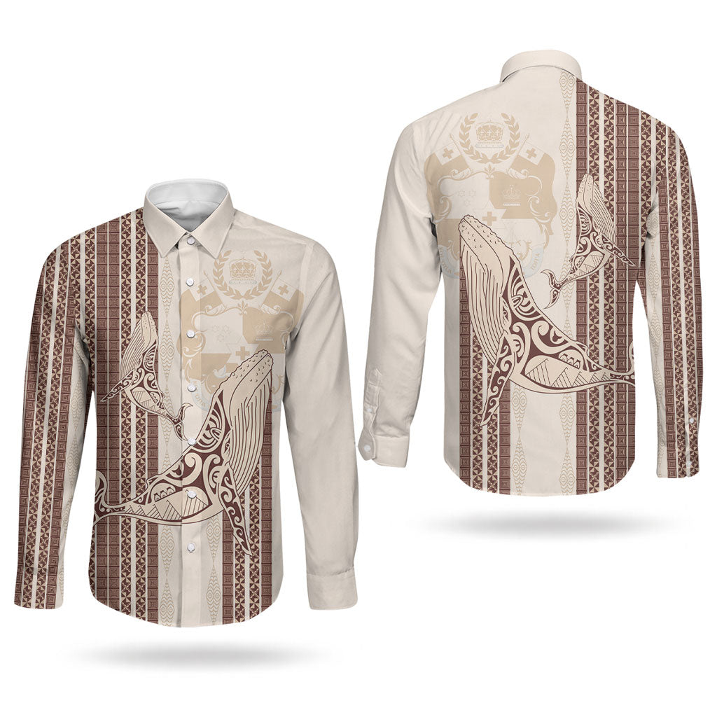Swimming With Humpback Whales Season Tonga Couples Matching Long Sleeve Bodycon Dress and Long Sleeve Button Shirt Tongan Tofuaa Ngatu Pattern Brown LT14 - Polynesian Pride