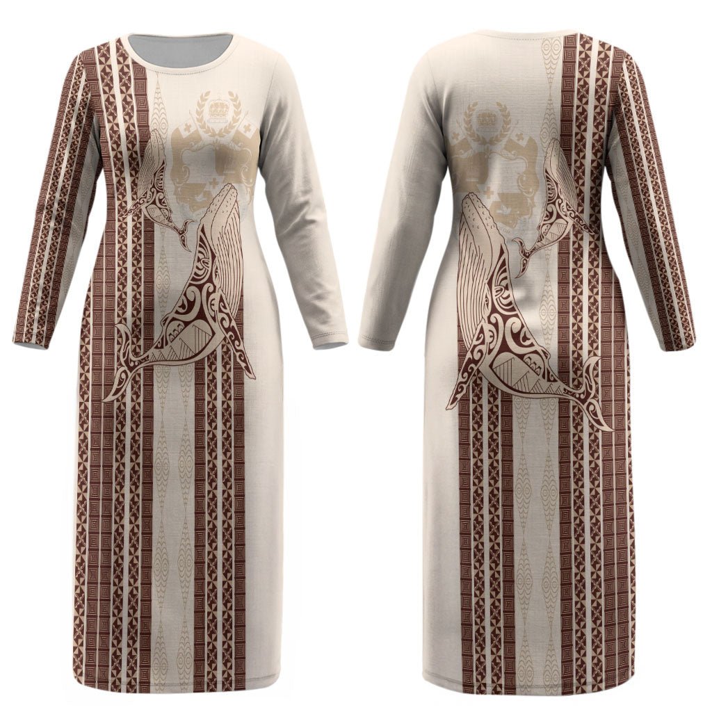 Swimming With Humpback Whales Season Tonga Couples Matching Long Sleeve Bodycon Dress and Long Sleeve Button Shirt Tongan Tofuaa Ngatu Pattern Brown LT14 - Polynesian Pride