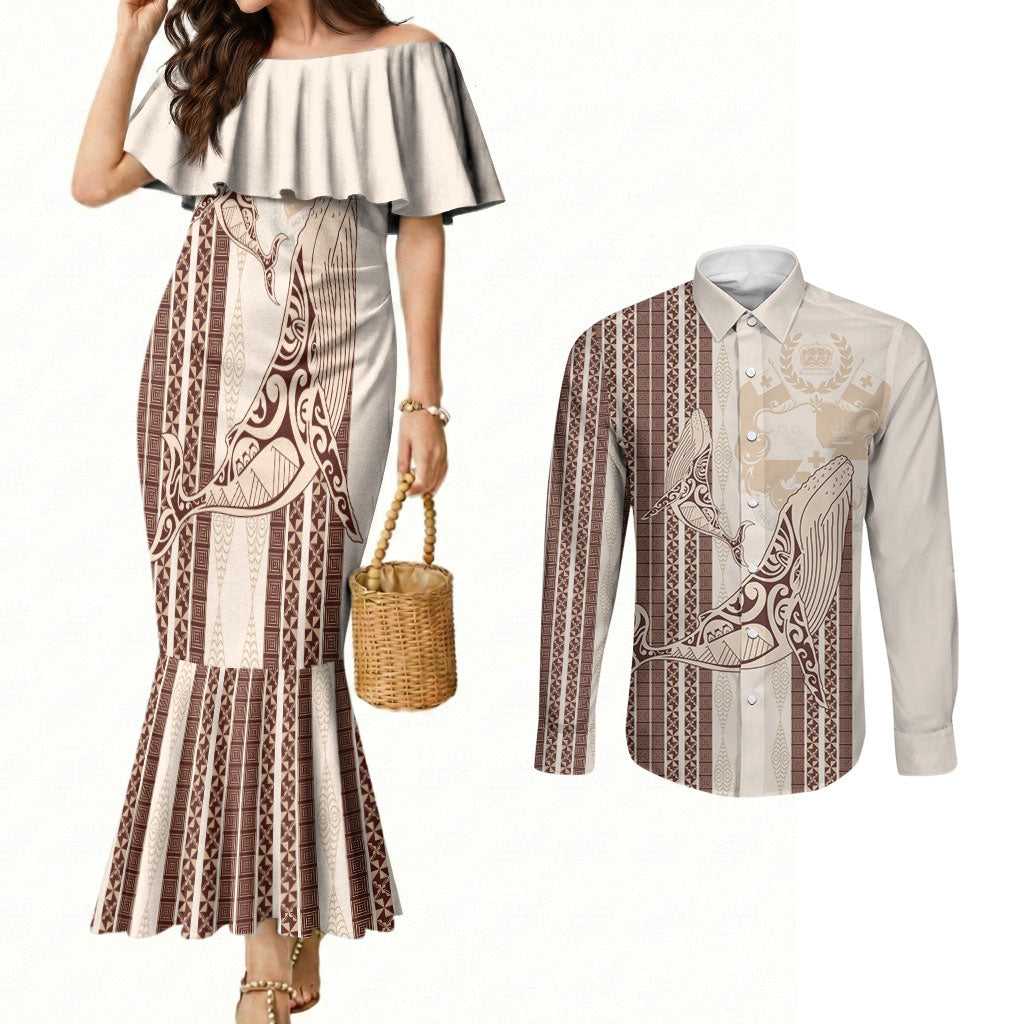 Swimming With Humpback Whales Season Tonga Couples Matching Mermaid Dress and Long Sleeve Button Shirt Tongan Tofuaa Ngatu Pattern Brown LT14 Brown - Polynesian Pride