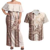 Swimming With Humpback Whales Season Tonga Couples Matching Off Shoulder Maxi Dress and Hawaiian Shirt Tongan Tofuaa Ngatu Pattern Brown LT14 Brown - Polynesian Pride