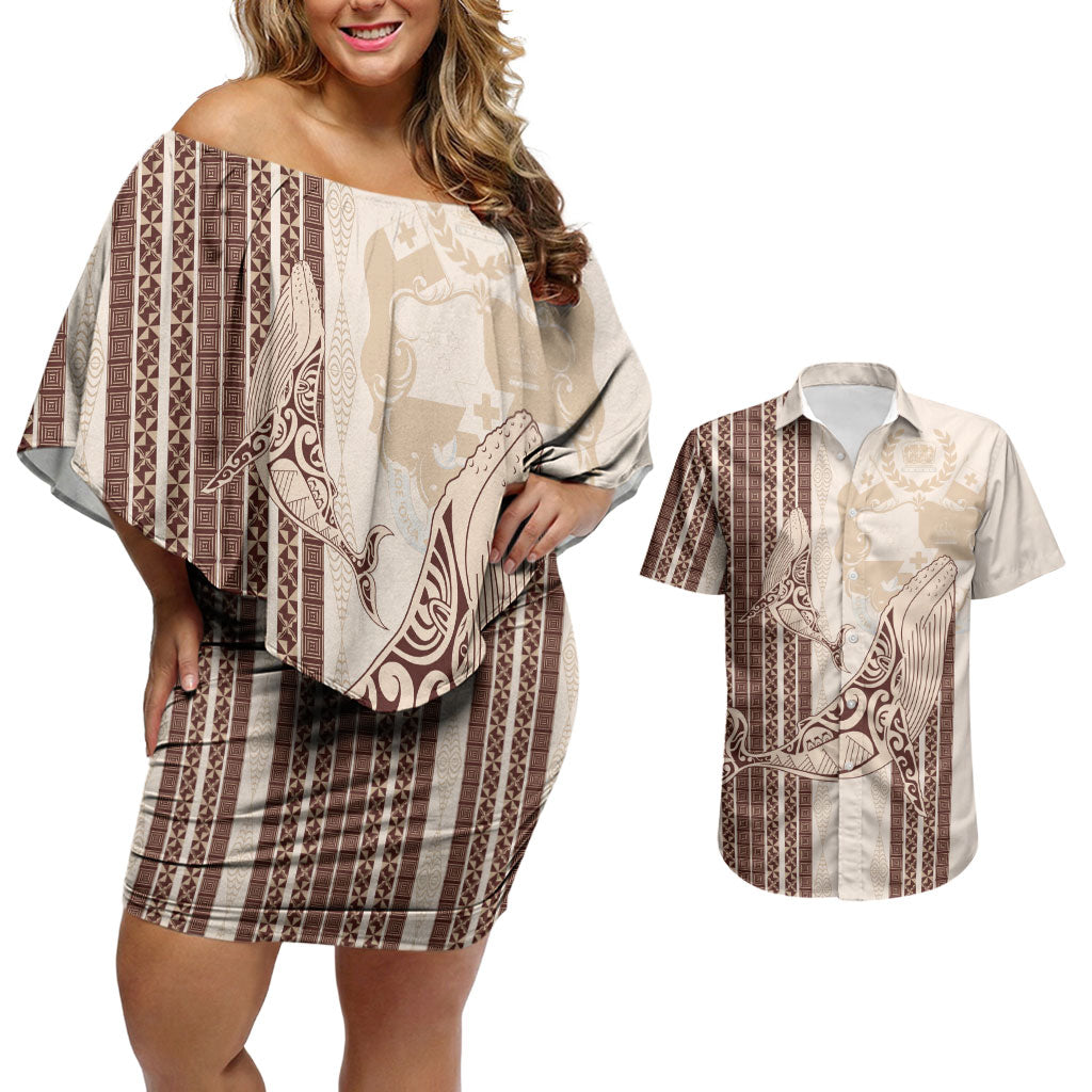 Swimming With Humpback Whales Season Tonga Couples Matching Off Shoulder Short Dress and Hawaiian Shirt Tongan Tofuaa Ngatu Pattern Brown LT14 Brown - Polynesian Pride