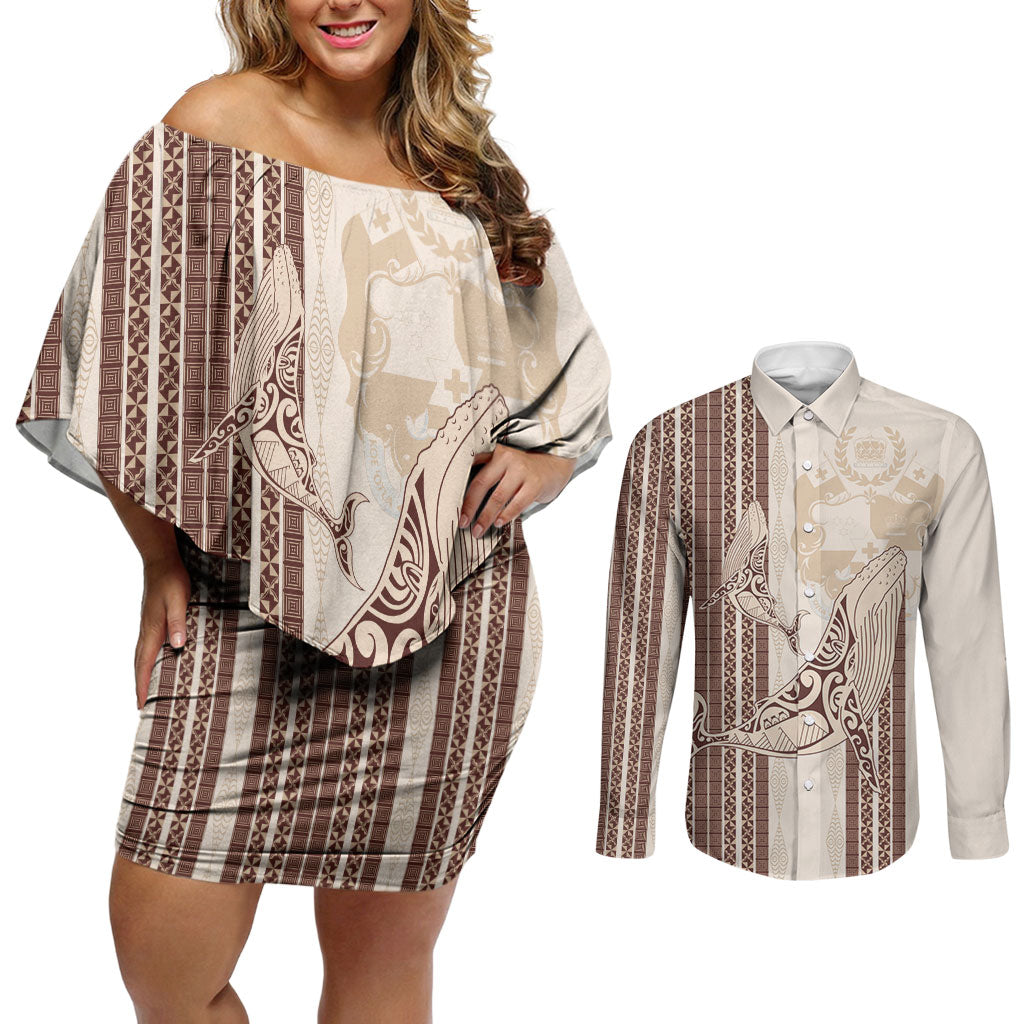 Swimming With Humpback Whales Season Tonga Couples Matching Off Shoulder Short Dress and Long Sleeve Button Shirt Tongan Tofuaa Ngatu Pattern Brown LT14 Brown - Polynesian Pride