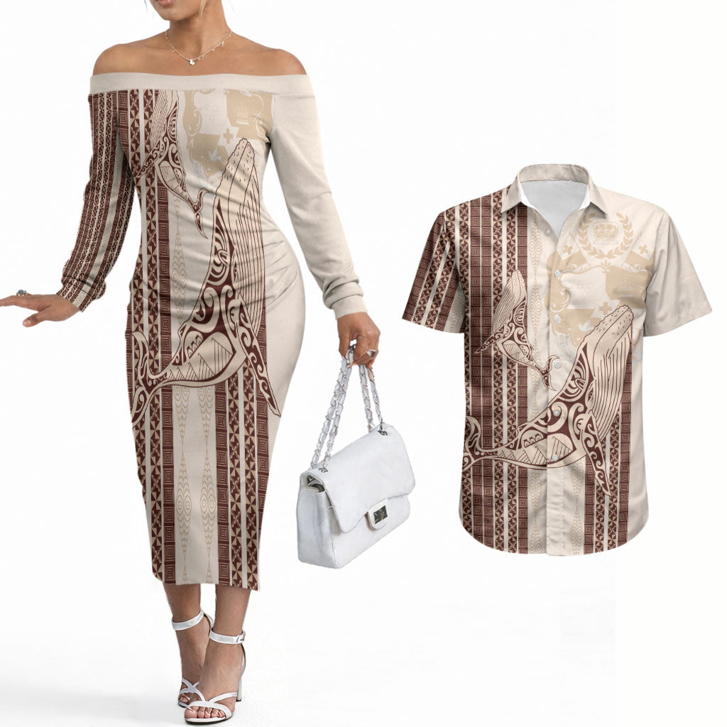 Swimming With Humpback Whales Season Tonga Couples Matching Off The Shoulder Long Sleeve Dress and Hawaiian Shirt Tongan Tofuaa Ngatu Pattern Brown LT14 Brown - Polynesian Pride