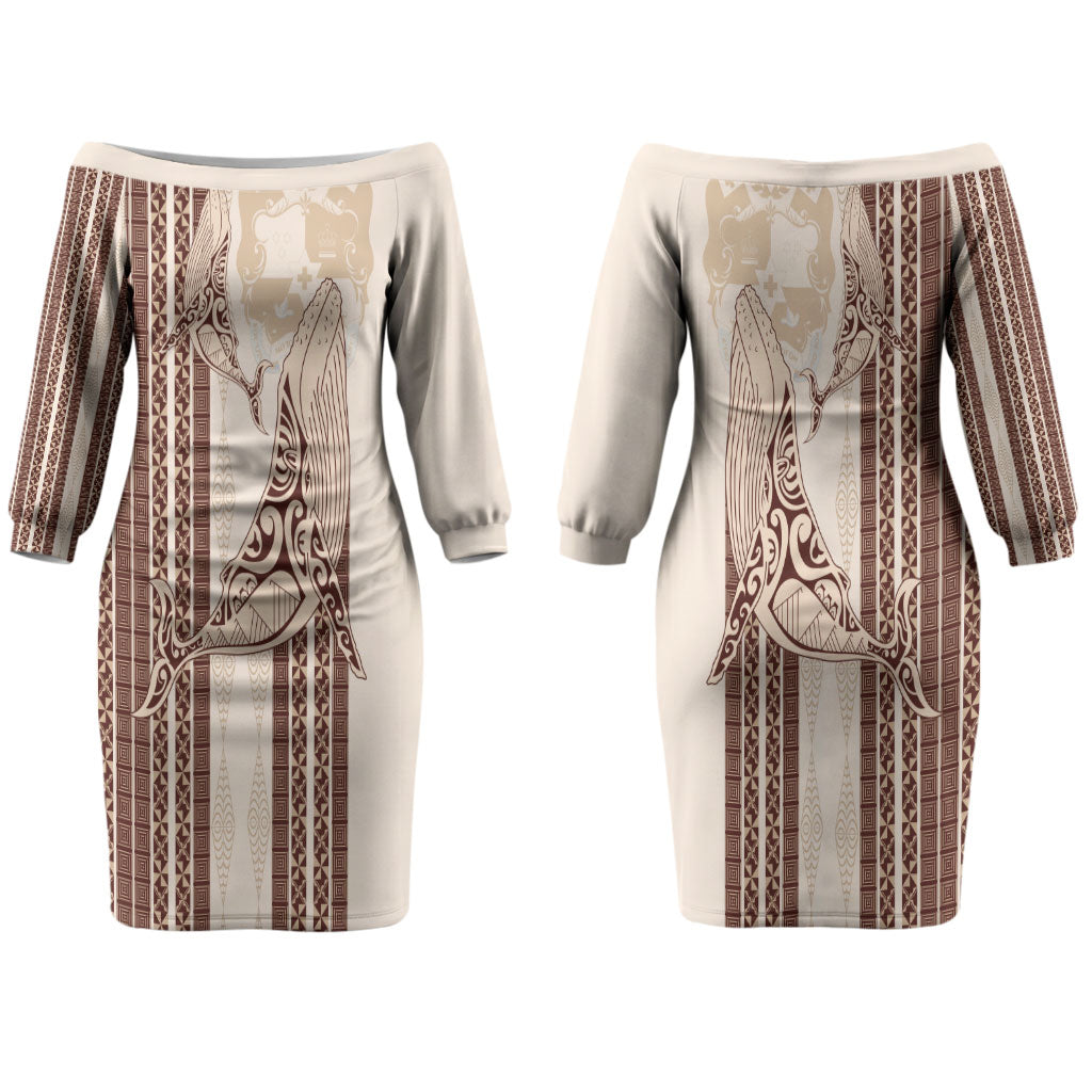 Swimming With Humpback Whales Season Tonga Couples Matching Off The Shoulder Long Sleeve Dress and Long Sleeve Button Shirt Tongan Tofuaa Ngatu Pattern Brown LT14 - Polynesian Pride