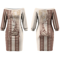 Swimming With Humpback Whales Season Tonga Couples Matching Off The Shoulder Long Sleeve Dress and Long Sleeve Button Shirt Tongan Tofuaa Ngatu Pattern Brown LT14 - Polynesian Pride