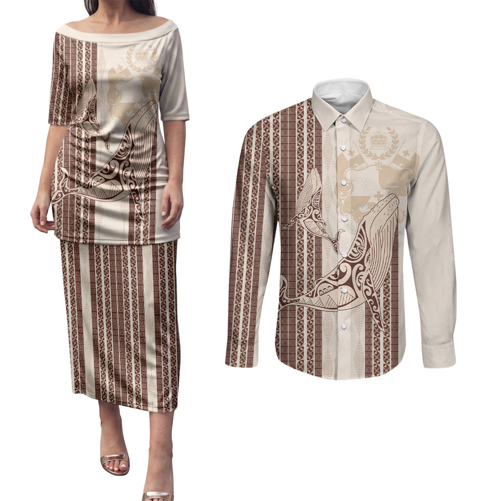 Swimming With Humpback Whales Season Tonga Couples Matching Puletasi and Long Sleeve Button Shirt Tongan Tofuaa Ngatu Pattern Brown LT14 Brown - Polynesian Pride