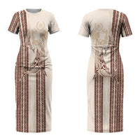 Swimming With Humpback Whales Season Tonga Couples Matching Short Sleeve Bodycon Dress and Hawaiian Shirt Tongan Tofuaa Ngatu Pattern Brown LT14 - Polynesian Pride