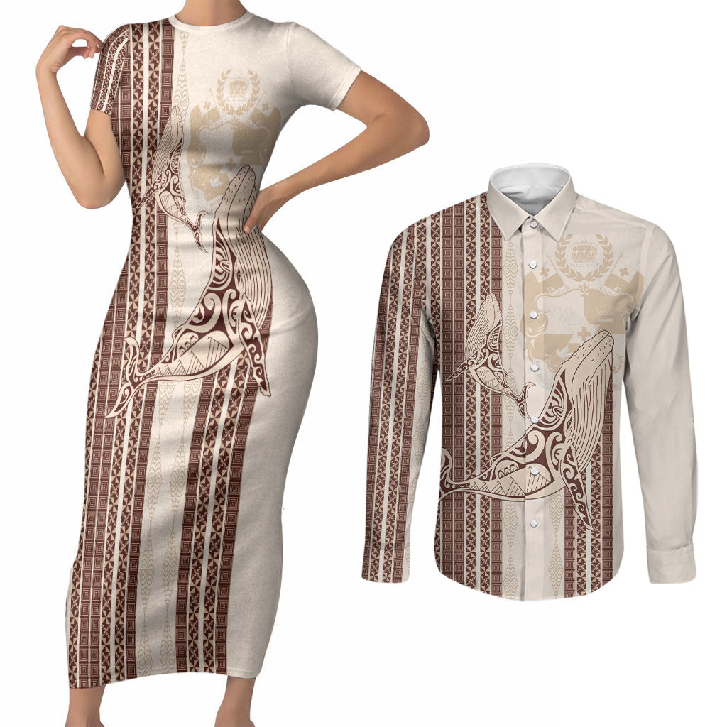 Swimming With Humpback Whales Season Tonga Couples Matching Short Sleeve Bodycon Dress and Long Sleeve Button Shirt Tongan Tofuaa Ngatu Pattern Brown LT14 Brown - Polynesian Pride