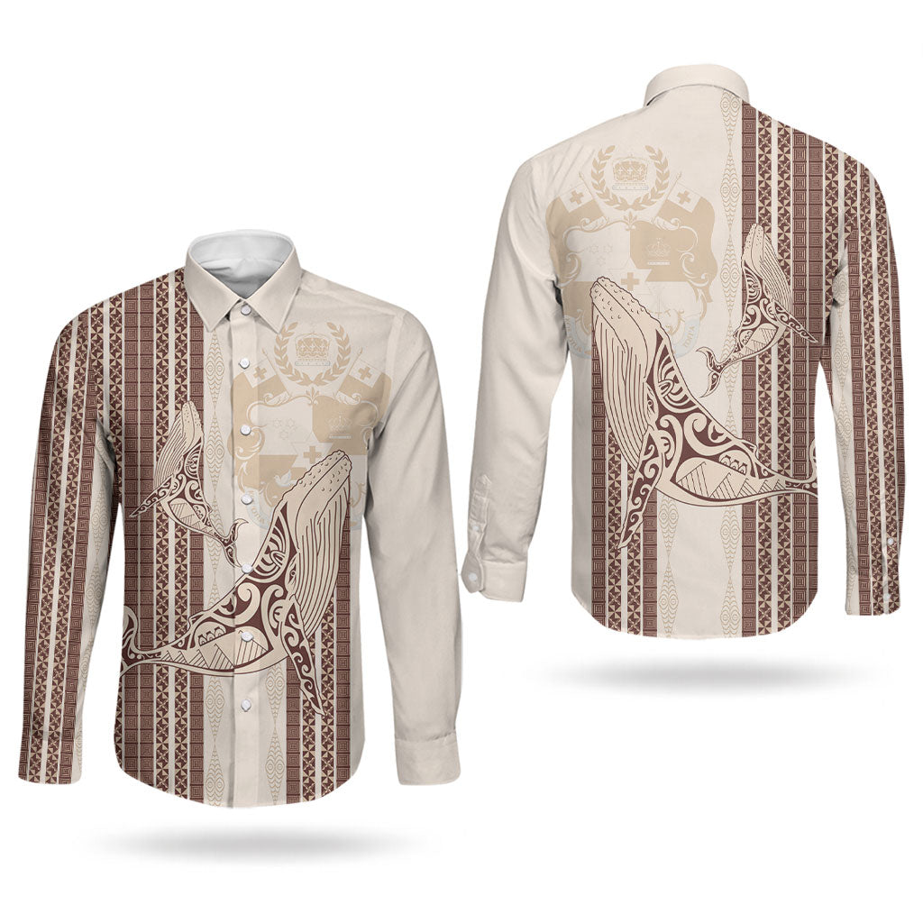 Swimming With Humpback Whales Season Tonga Couples Matching Short Sleeve Bodycon Dress and Long Sleeve Button Shirt Tongan Tofuaa Ngatu Pattern Brown LT14 - Polynesian Pride