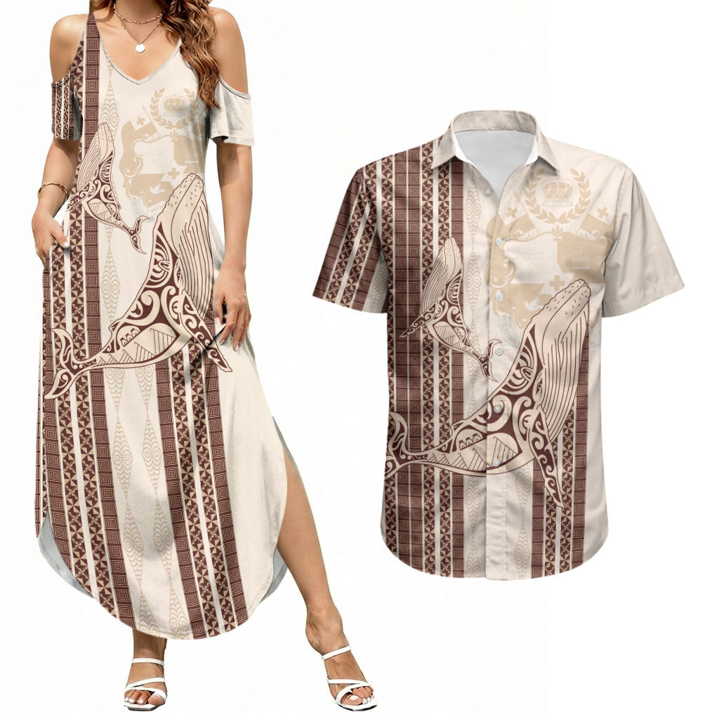 Swimming With Humpback Whales Season Tonga Couples Matching Summer Maxi Dress and Hawaiian Shirt Tongan Tofuaa Ngatu Pattern Brown LT14 Brown - Polynesian Pride