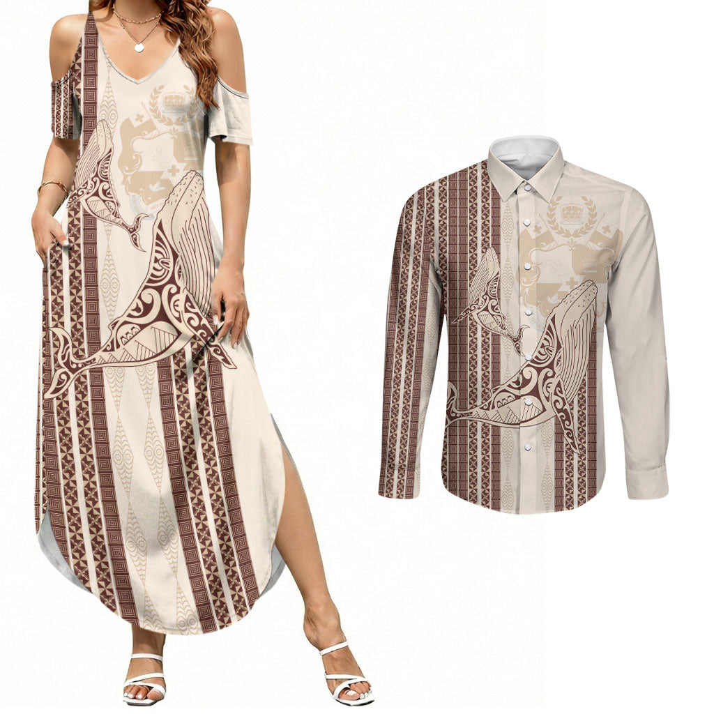 Swimming With Humpback Whales Season Tonga Couples Matching Summer Maxi Dress and Long Sleeve Button Shirt Tongan Tofuaa Ngatu Pattern Brown LT14 Brown - Polynesian Pride