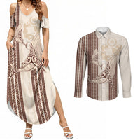 Swimming With Humpback Whales Season Tonga Couples Matching Summer Maxi Dress and Long Sleeve Button Shirt Tongan Tofuaa Ngatu Pattern Brown LT14 Brown - Polynesian Pride