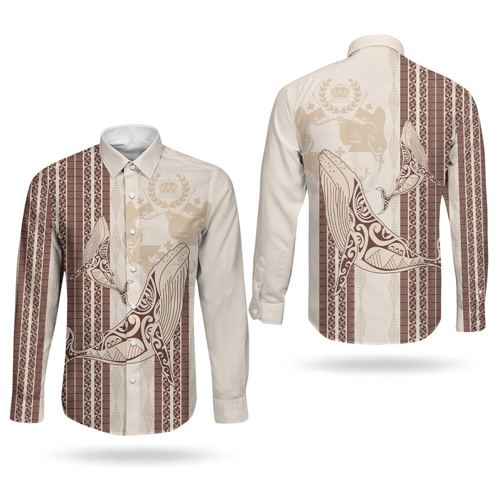 Swimming With Humpback Whales Season Tonga Couples Matching Summer Maxi Dress and Long Sleeve Button Shirt Tongan Tofuaa Ngatu Pattern Brown LT14 - Polynesian Pride
