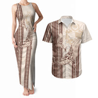 Swimming With Humpback Whales Season Tonga Couples Matching Tank Maxi Dress and Hawaiian Shirt Tongan Tofuaa Ngatu Pattern Brown LT14 Brown - Polynesian Pride