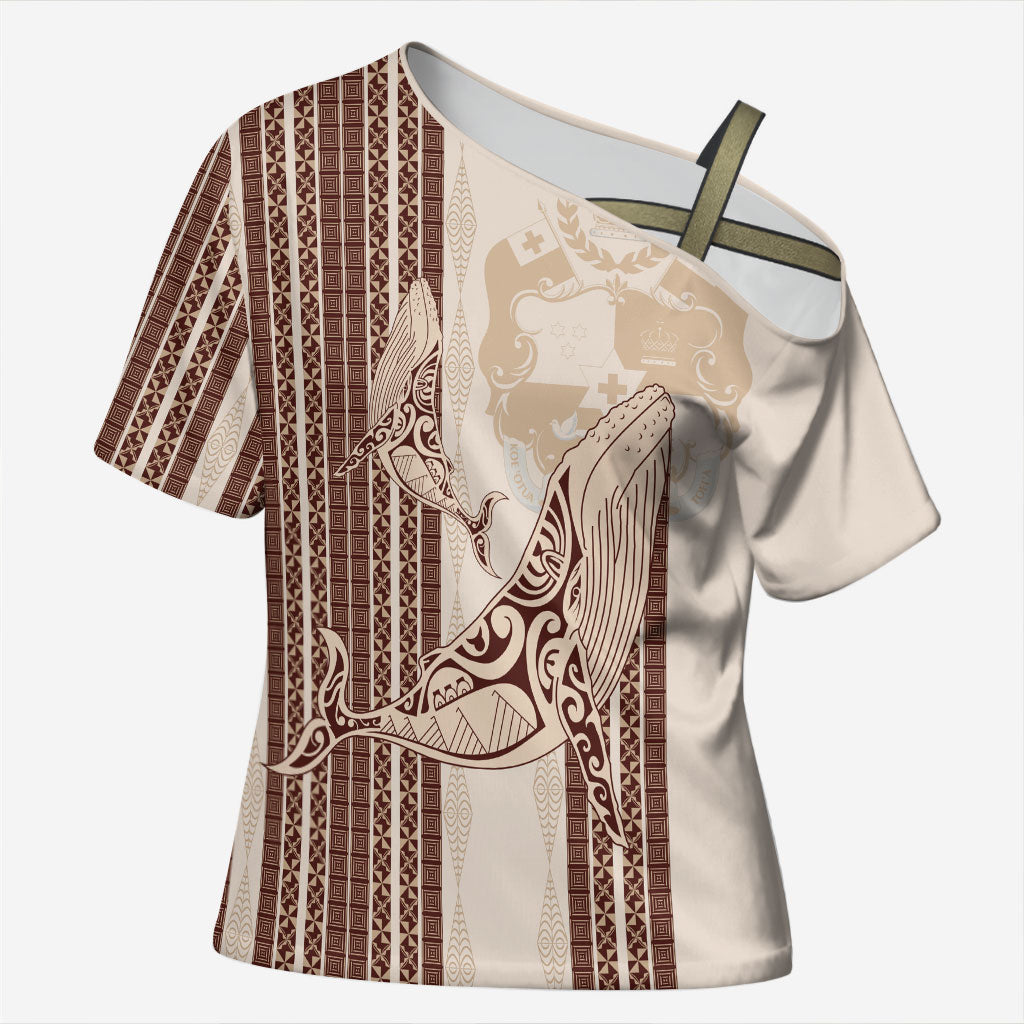 Swimming With Humpback Whales Season Tonga Cross Shoulder Shirt Tongan Tofuaa Ngatu Pattern Brown LT14 Female Brown - Polynesian Pride
