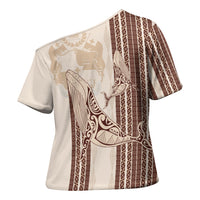 Swimming With Humpback Whales Season Tonga Cross Shoulder Shirt Tongan Tofuaa Ngatu Pattern Brown LT14 - Polynesian Pride