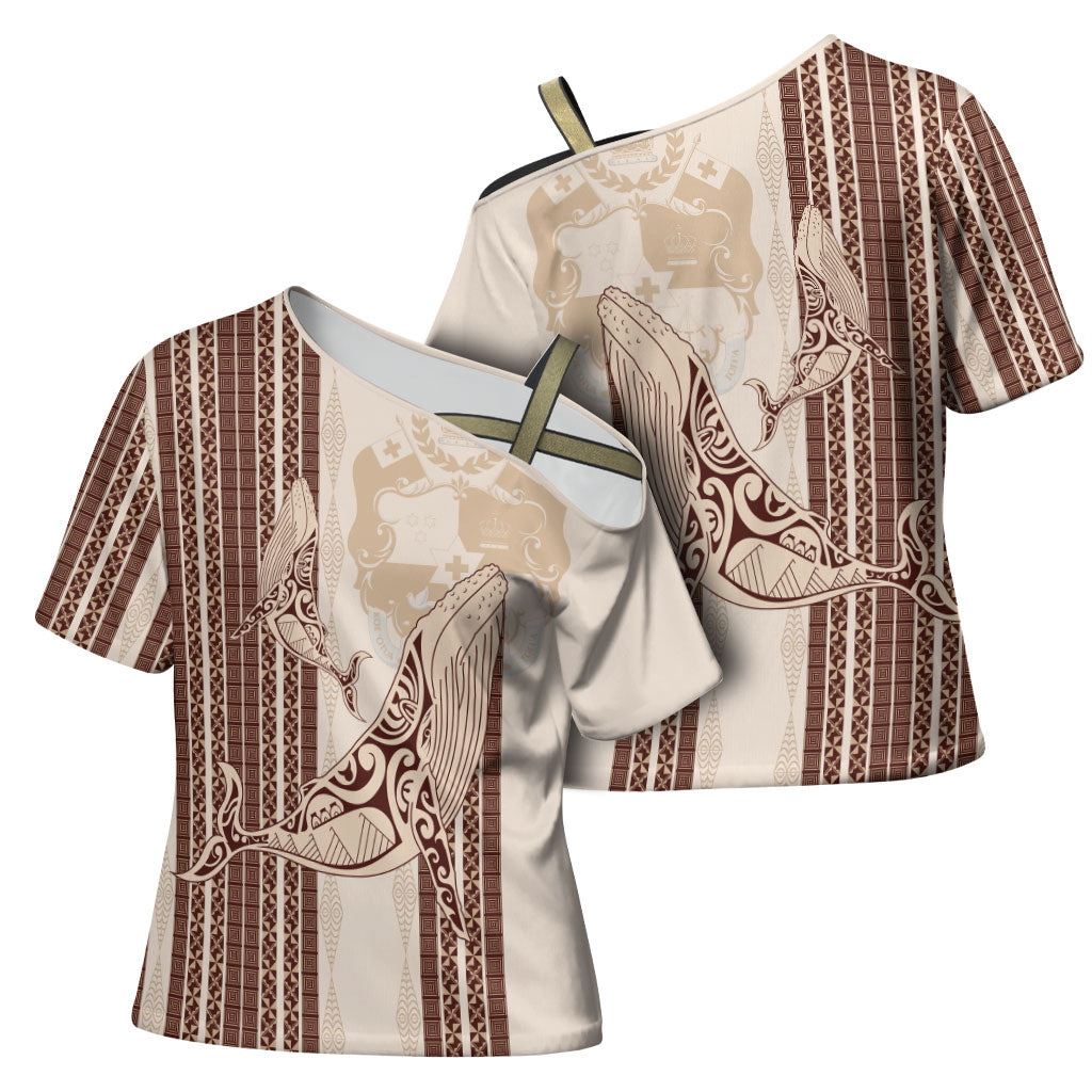 Swimming With Humpback Whales Season Tonga Cross Shoulder Shirt Tongan Tofuaa Ngatu Pattern Brown LT14 - Polynesian Pride