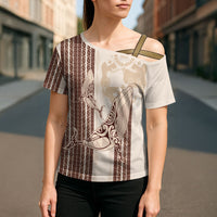 Swimming With Humpback Whales Season Tonga Cross Shoulder Shirt Tongan Tofuaa Ngatu Pattern Brown LT14 - Polynesian Pride