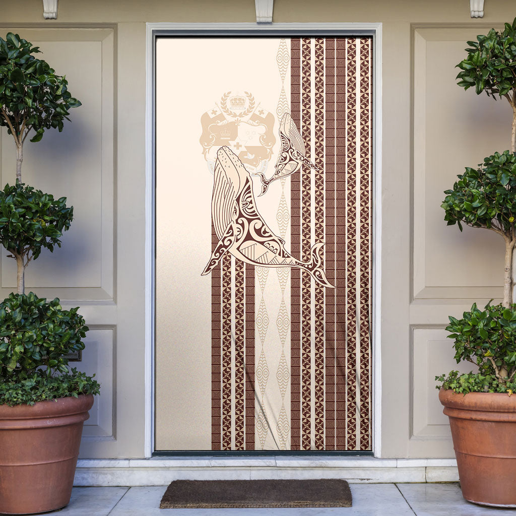 Swimming With Humpback Whales Season Tonga Door Cover Tongan Tofuaa Ngatu Pattern Brown LT14 Brown - Polynesian Pride