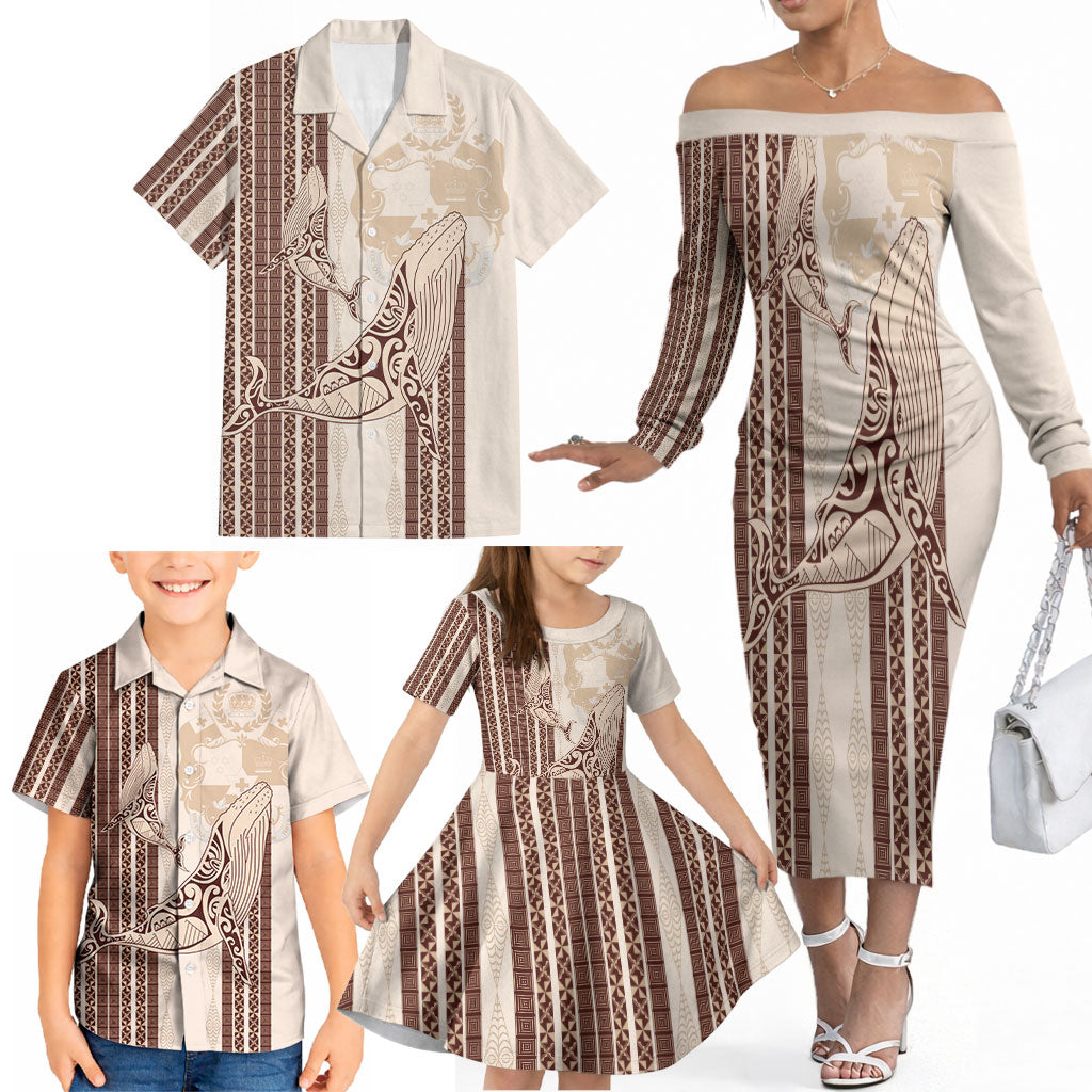 Swimming With Humpback Whales Season Tonga Family Matching Off The Shoulder Long Sleeve Dress and Hawaiian Shirt Tongan Tofuaa Ngatu Pattern Brown LT14 - Polynesian Pride