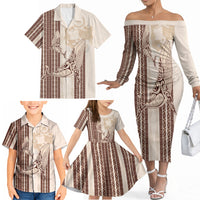 Swimming With Humpback Whales Season Tonga Family Matching Off The Shoulder Long Sleeve Dress and Hawaiian Shirt Tongan Tofuaa Ngatu Pattern Brown LT14 - Polynesian Pride