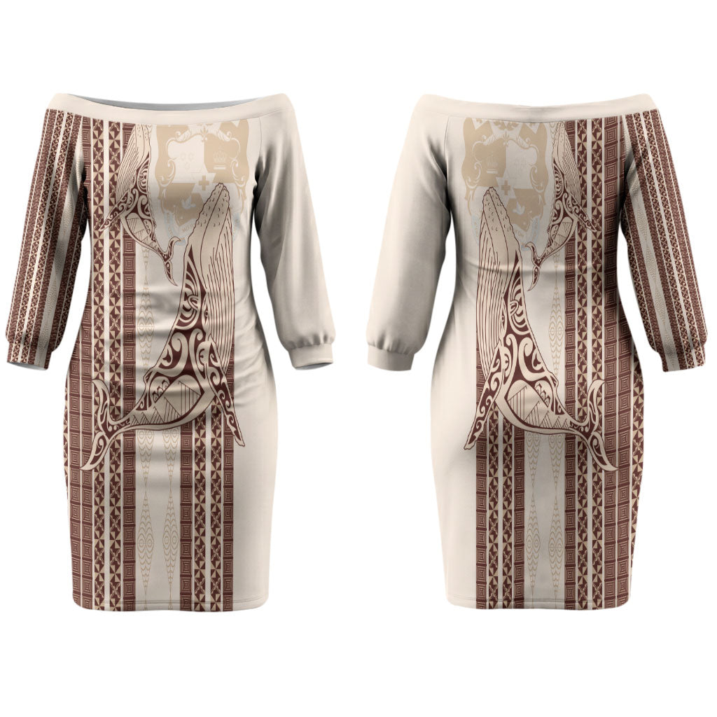 Swimming With Humpback Whales Season Tonga Family Matching Off The Shoulder Long Sleeve Dress and Hawaiian Shirt Tongan Tofuaa Ngatu Pattern Brown LT14 Mom's Dress Brown - Polynesian Pride