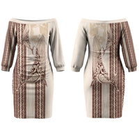 Swimming With Humpback Whales Season Tonga Family Matching Off The Shoulder Long Sleeve Dress and Hawaiian Shirt Tongan Tofuaa Ngatu Pattern Brown LT14 Mom's Dress Brown - Polynesian Pride