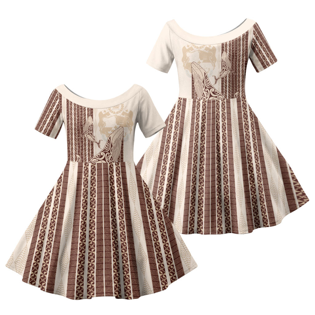 Swimming With Humpback Whales Season Tonga Family Matching Off The Shoulder Long Sleeve Dress and Hawaiian Shirt Tongan Tofuaa Ngatu Pattern Brown LT14 Daughter's Dress Brown - Polynesian Pride