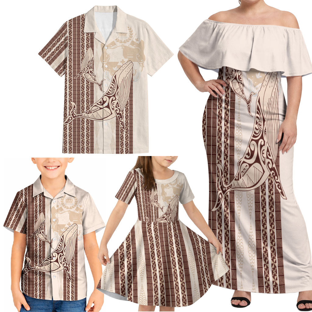 Swimming With Humpback Whales Season Tonga Family Matching Off Shoulder Maxi Dress and Hawaiian Shirt Tongan Tofuaa Ngatu Pattern Brown LT14 - Polynesian Pride