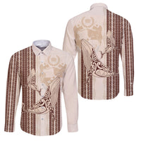 Swimming With Humpback Whales Season Tonga Family Matching Off Shoulder Maxi Dress and Hawaiian Shirt Tongan Tofuaa Ngatu Pattern Brown LT14 Dad's Shirt - Long Sleeve Brown - Polynesian Pride