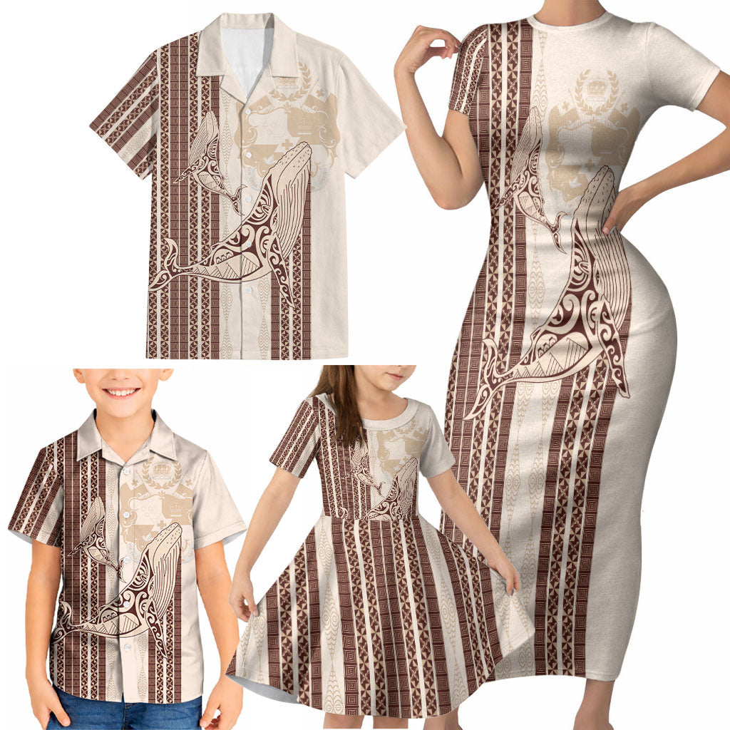 Swimming With Humpback Whales Season Tonga Family Matching Short Sleeve Bodycon Dress and Hawaiian Shirt Tongan Tofuaa Ngatu Pattern Brown LT14 - Polynesian Pride