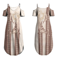 Swimming With Humpback Whales Season Tonga Family Matching Summer Maxi Dress and Hawaiian Shirt Tongan Tofuaa Ngatu Pattern Brown LT14 Mom's Dress Brown - Polynesian Pride
