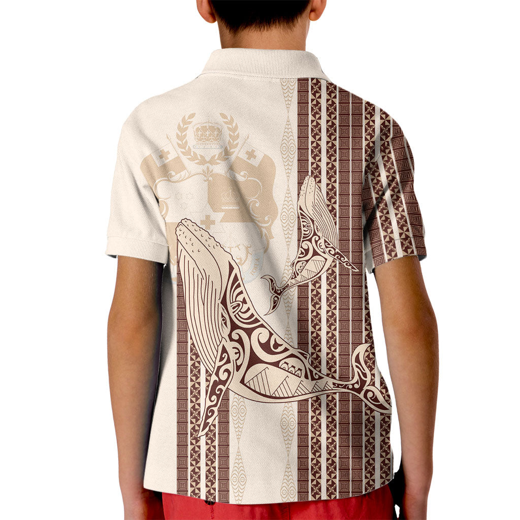 Swimming With Humpback Whales Season Tonga Kid Polo Shirt Tongan Tofuaa Ngatu Pattern Brown LT14 - Polynesian Pride
