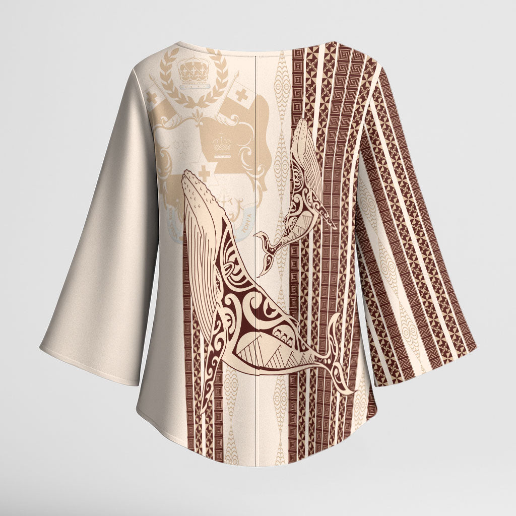 Swimming With Humpback Whales Season Tonga Kimono Sleeve Blouse Tongan Tofuaa Ngatu Pattern Brown LT14 - Polynesian Pride