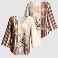 Swimming With Humpback Whales Season Tonga Kimono Sleeve Blouse Tongan Tofuaa Ngatu Pattern Brown LT14 - Polynesian Pride