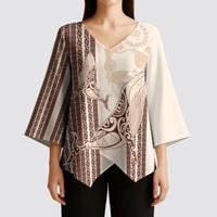 Swimming With Humpback Whales Season Tonga Kimono Sleeve Blouse Tongan Tofuaa Ngatu Pattern Brown LT14 - Polynesian Pride
