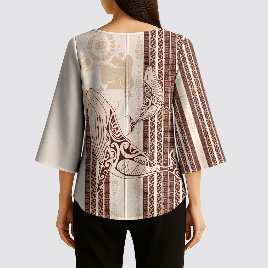 Swimming With Humpback Whales Season Tonga Kimono Sleeve Blouse Tongan Tofuaa Ngatu Pattern Brown LT14 - Polynesian Pride