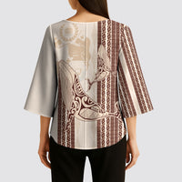 Swimming With Humpback Whales Season Tonga Kimono Sleeve Blouse Tongan Tofuaa Ngatu Pattern Brown LT14 - Polynesian Pride