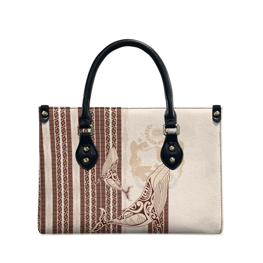 Swimming With Humpback Whales Season Tonga Leather Bag Tongan Tofuaa Ngatu Pattern Brown LT14 - Polynesian Pride