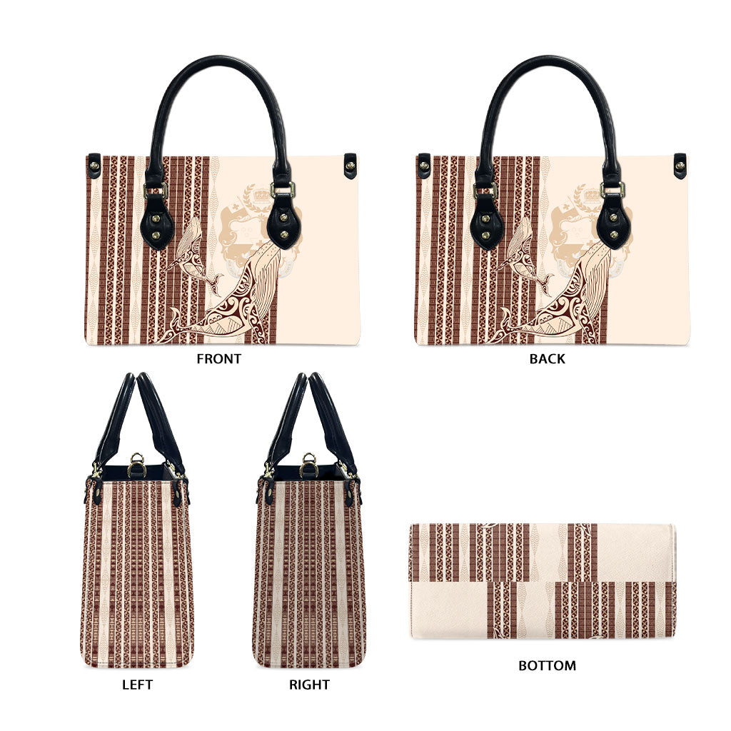 Swimming With Humpback Whales Season Tonga Leather Bag Tongan Tofuaa Ngatu Pattern Brown LT14 - Polynesian Pride