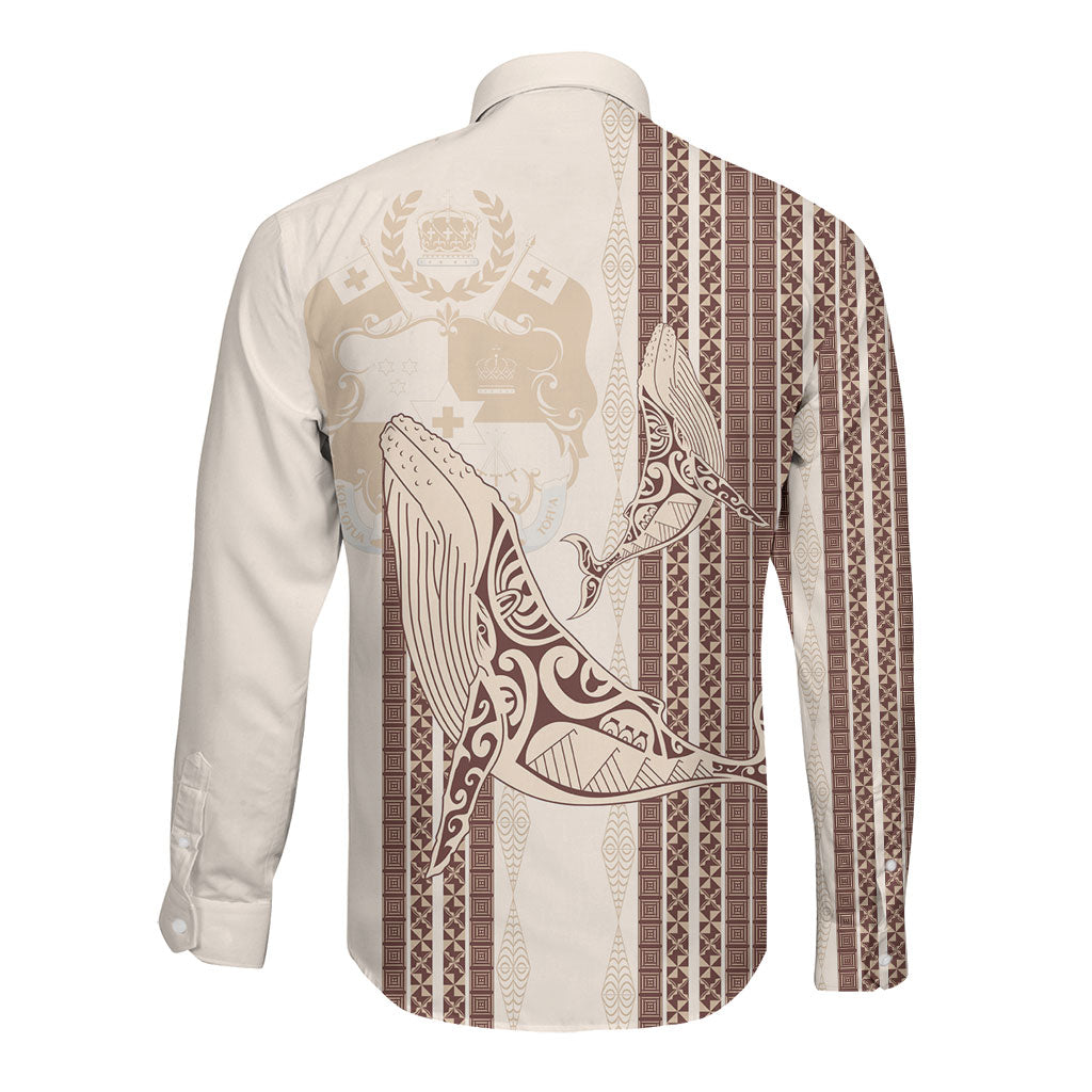 Swimming With Humpback Whales Season Tonga Long Sleeve Button Shirt Tongan Tofuaa Ngatu Pattern Brown LT14 - Polynesian Pride