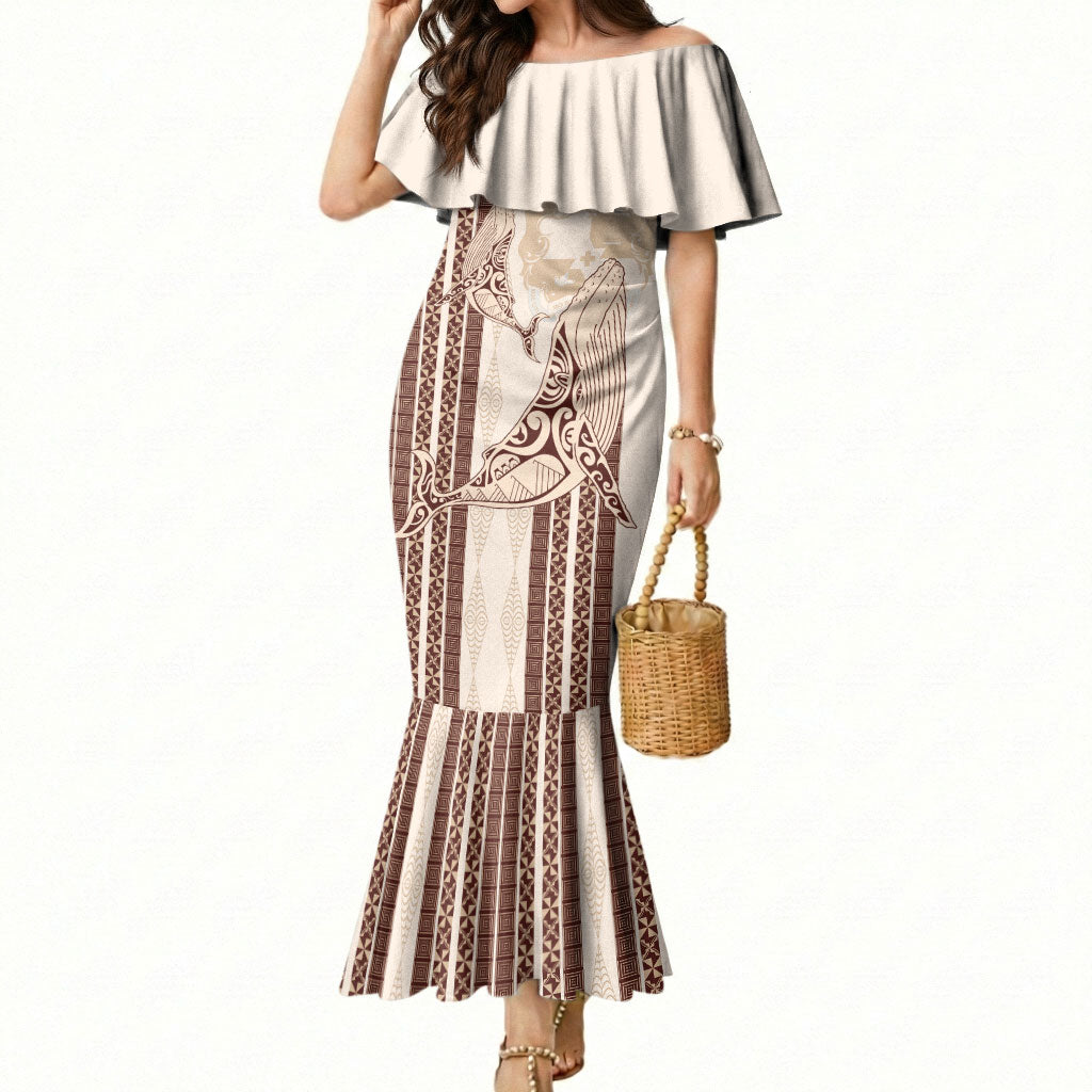 Swimming With Humpback Whales Season Tonga Mermaid Dress Tongan Tofuaa Ngatu Pattern Brown LT14 Women Brown - Polynesian Pride
