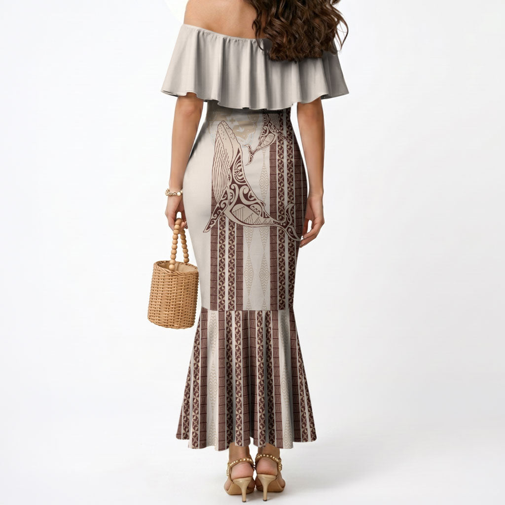 Swimming With Humpback Whales Season Tonga Mermaid Dress Tongan Tofuaa Ngatu Pattern Brown LT14 - Polynesian Pride