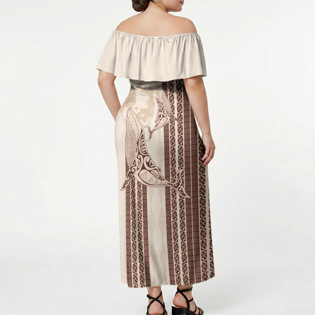 Swimming With Humpback Whales Season Tonga Off Shoulder Maxi Dress Tongan Tofuaa Ngatu Pattern Brown LT14 - Polynesian Pride