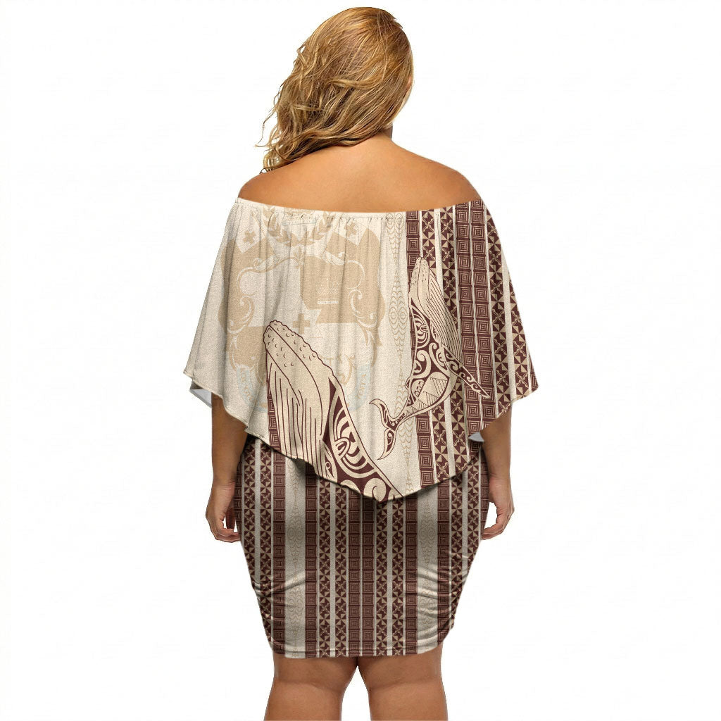 Swimming With Humpback Whales Season Tonga Off Shoulder Short Dress Tongan Tofuaa Ngatu Pattern Brown LT14 - Polynesian Pride