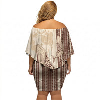 Swimming With Humpback Whales Season Tonga Off Shoulder Short Dress Tongan Tofuaa Ngatu Pattern Brown LT14 - Polynesian Pride