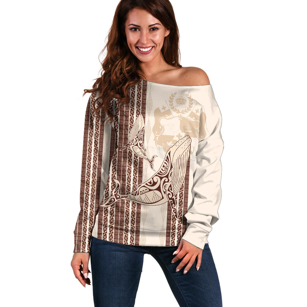 Swimming With Humpback Whales Season Tonga Off Shoulder Sweater Tongan Tofuaa Ngatu Pattern Brown LT14 Women Brown - Polynesian Pride