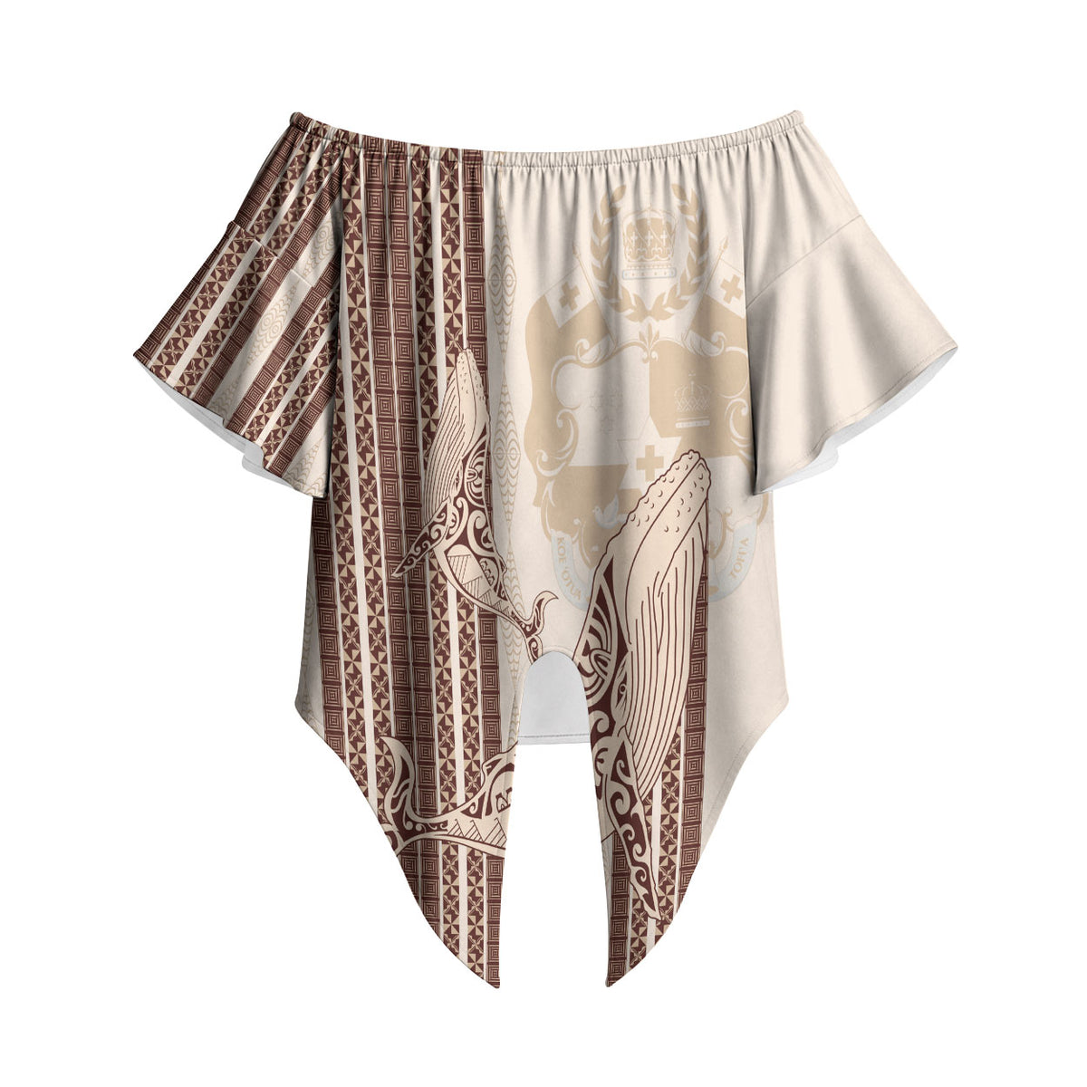 Swimming With Humpback Whales Season Tonga Off Shoulder Wrap Waist Top Tongan Tofuaa Ngatu Pattern Brown LT14 - Polynesian Pride